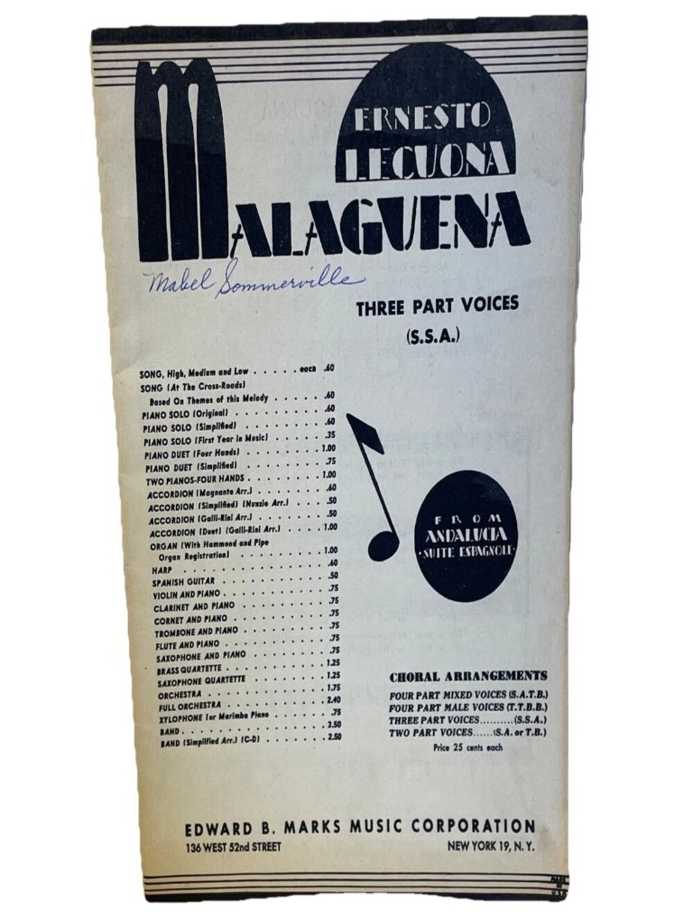Vintage 1956 Malaguena Ernesto Lecuona Sheet Music SSA Choral Arrangement